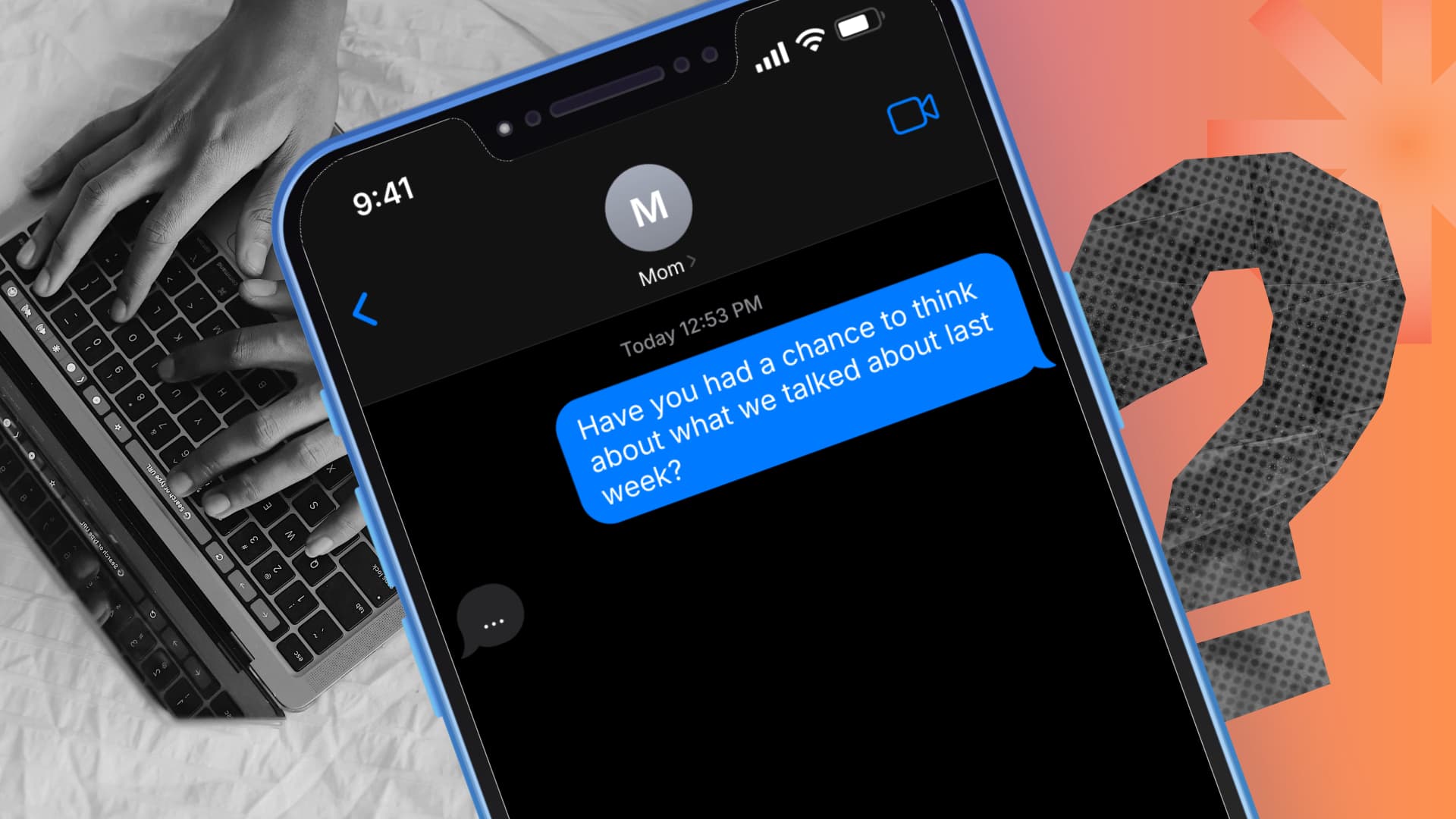Text message on a Canadian cellphone, from a mom asking her son to talk, hinting at an adult child needing to help out their parents.